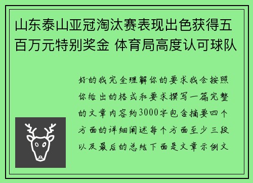 山东泰山亚冠淘汰赛表现出色获得五百万元特别奖金 体育局高度认可球队努力
