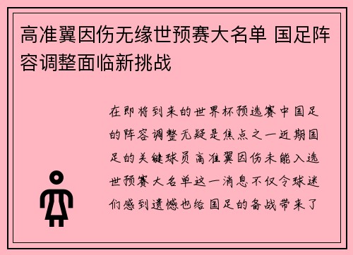 高准翼因伤无缘世预赛大名单 国足阵容调整面临新挑战