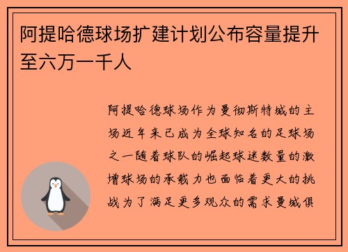 阿提哈德球场扩建计划公布容量提升至六万一千人